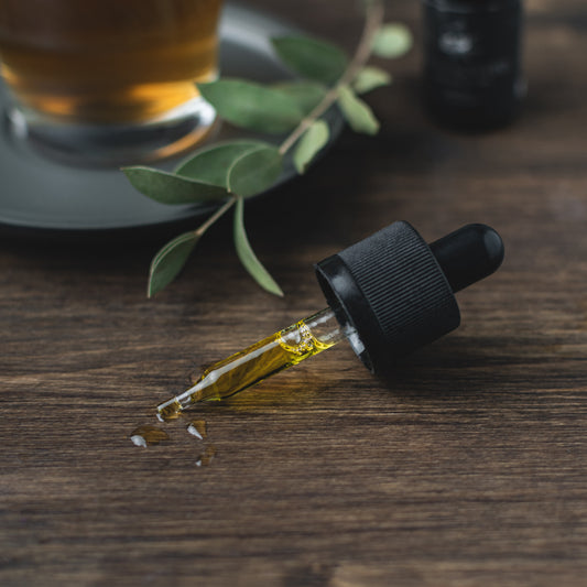 A willow tree branch sits next to a medicine dropper with CBD oil